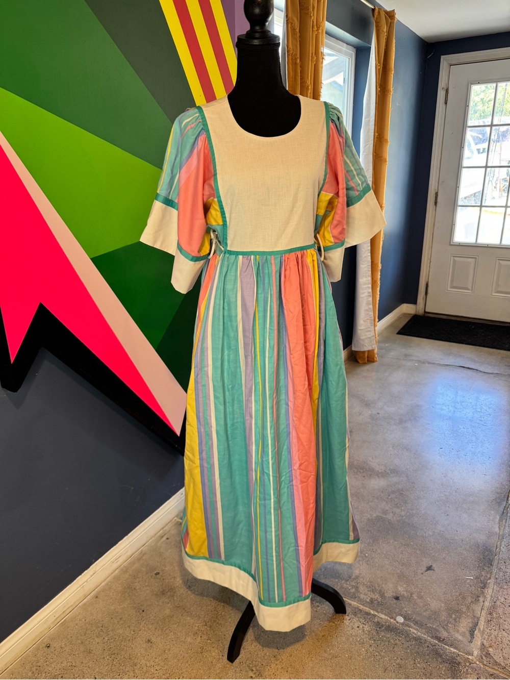 Vintage Mai Honolulu Pastel Rainbow  Stripe Prairie Maxi Dress Cottagecore 1970s - Picture 2 of 8